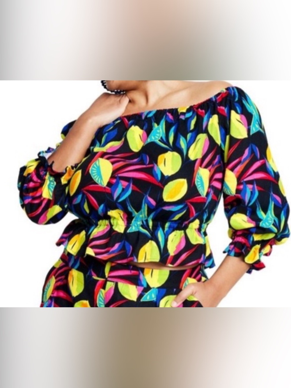 Women’s Off-Shoulder Tropical Leaf Blouse in Black with Neon Print SZ 1X